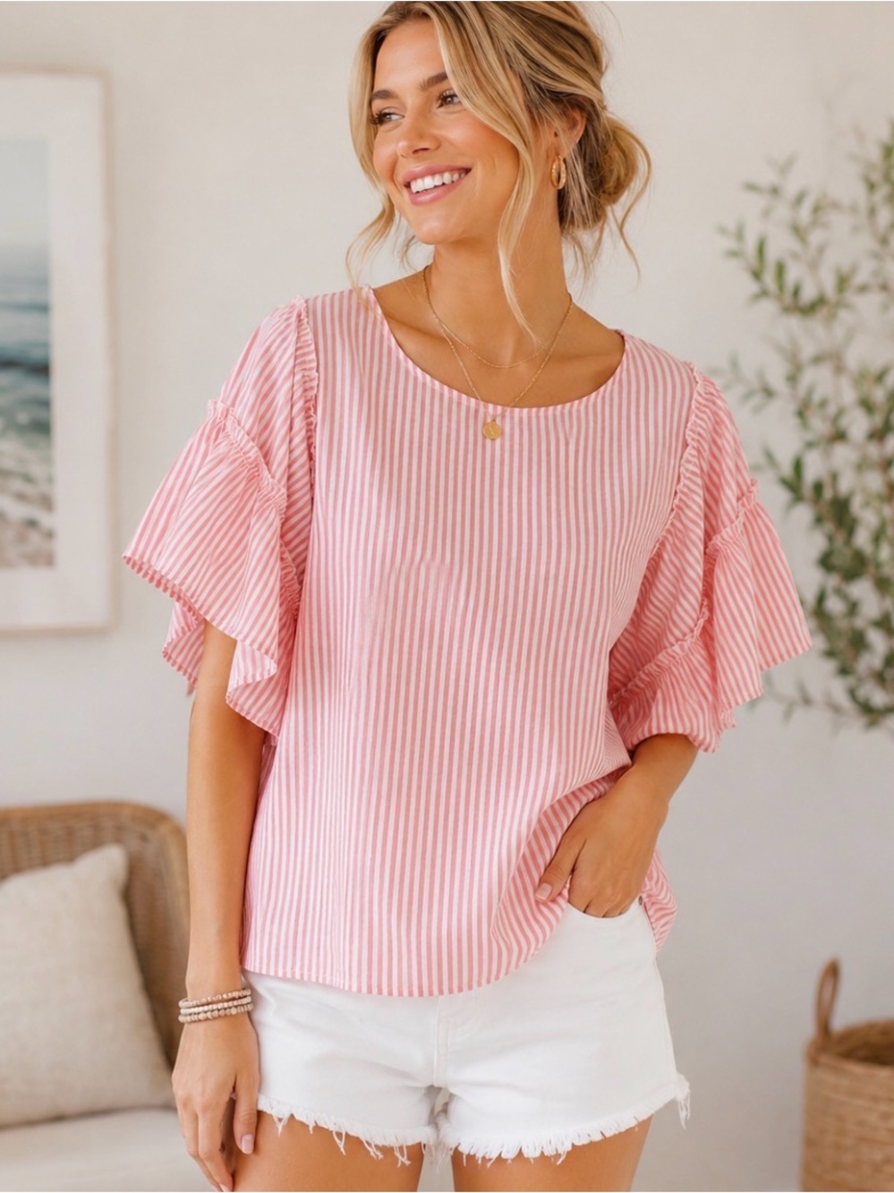 Umgee Seersucker Ruffle Sleeve Blouse Open Back Tie Top L Coastal Preppy Girlie